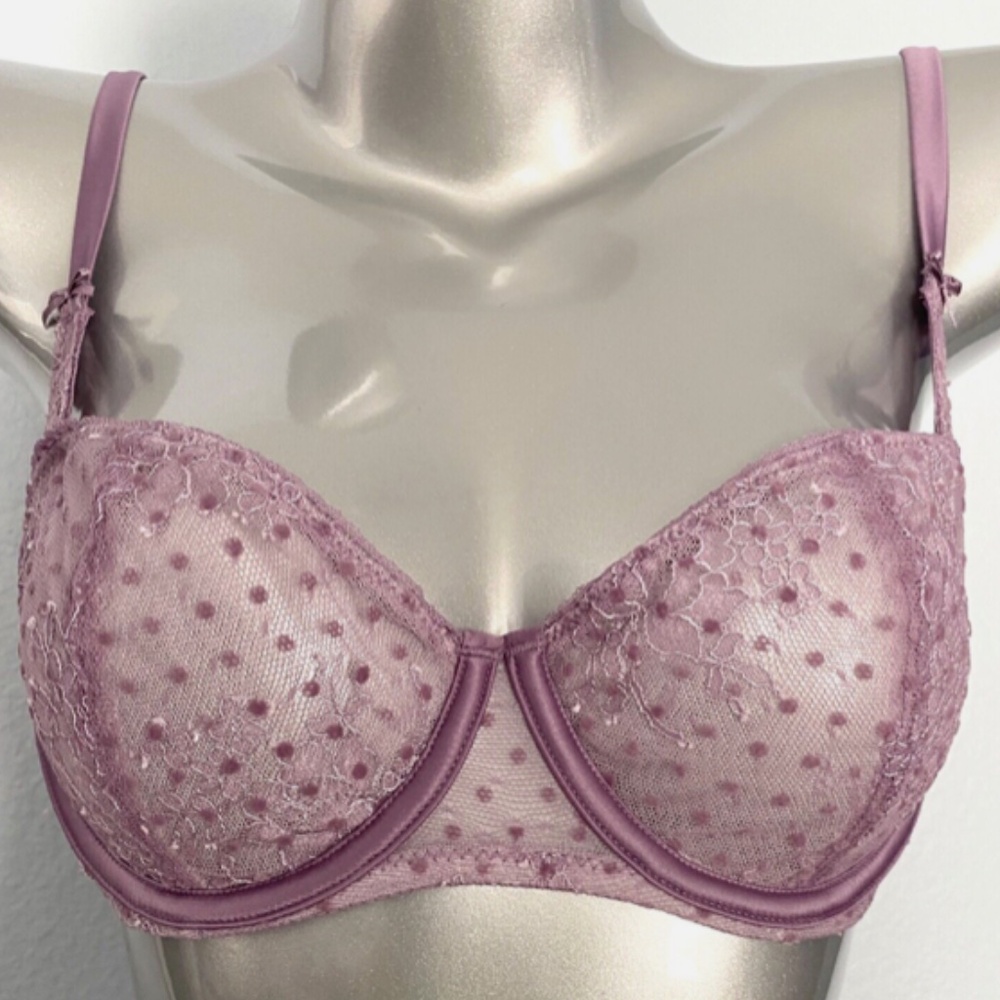 Victorias Secret Dream Angels Purple Flocked Dot Unlined Balconette Bra 36DDD